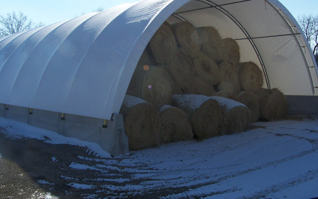 Round hay bales stacked inside an open-front fabric hoop building in winter.