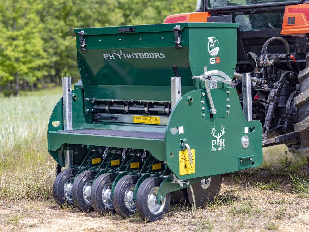 New PH Outdoors Genesis 3 drill with 36" width, 5–7.5" adjustable row spacing, 3-point hitch, and a 4.8-bushel seed box.