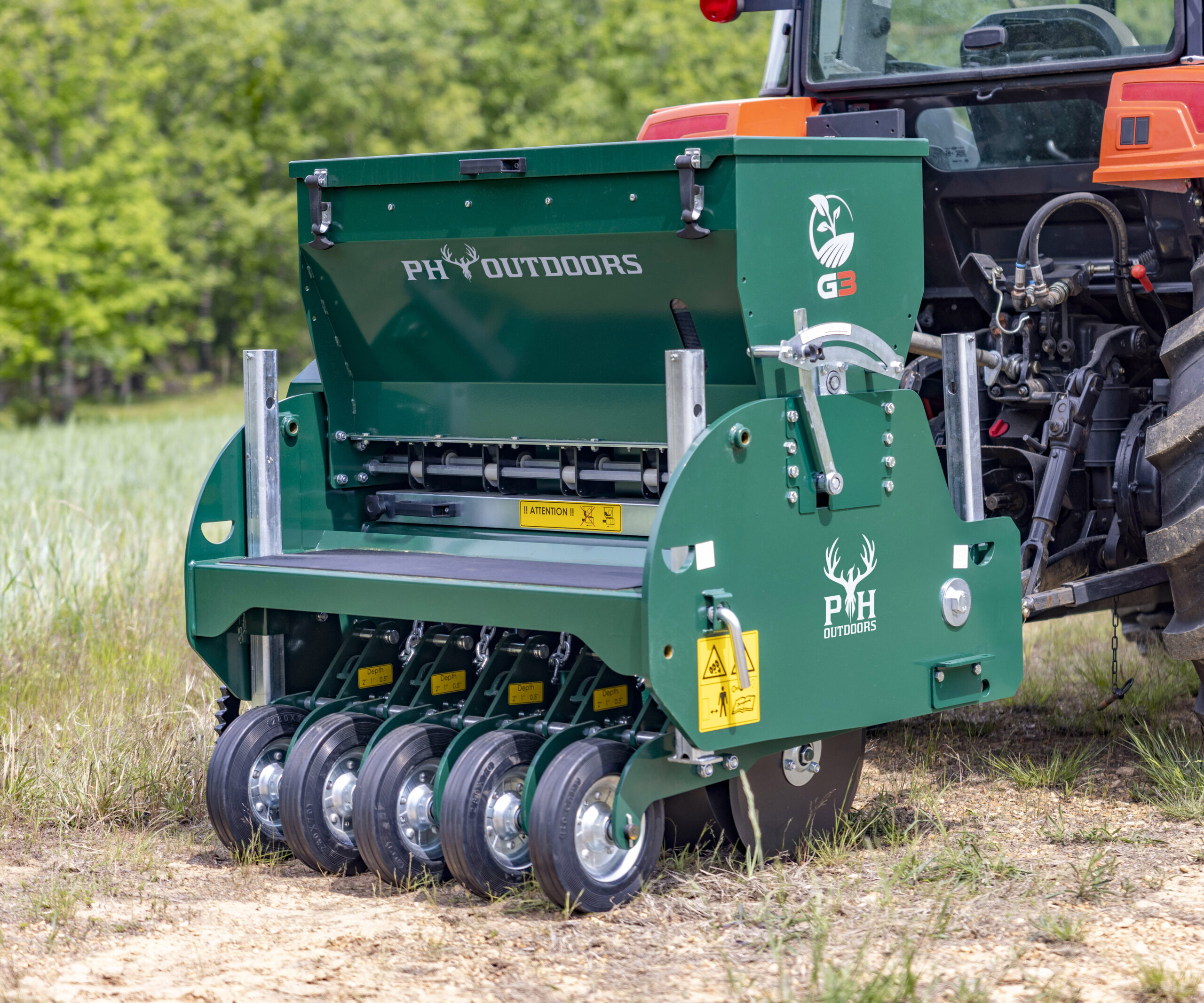 New PH Outdoors Genesis 3 drill with 36" width, 5–7.5" adjustable row spacing, 3-point hitch, and a 4.8-bushel seed box.