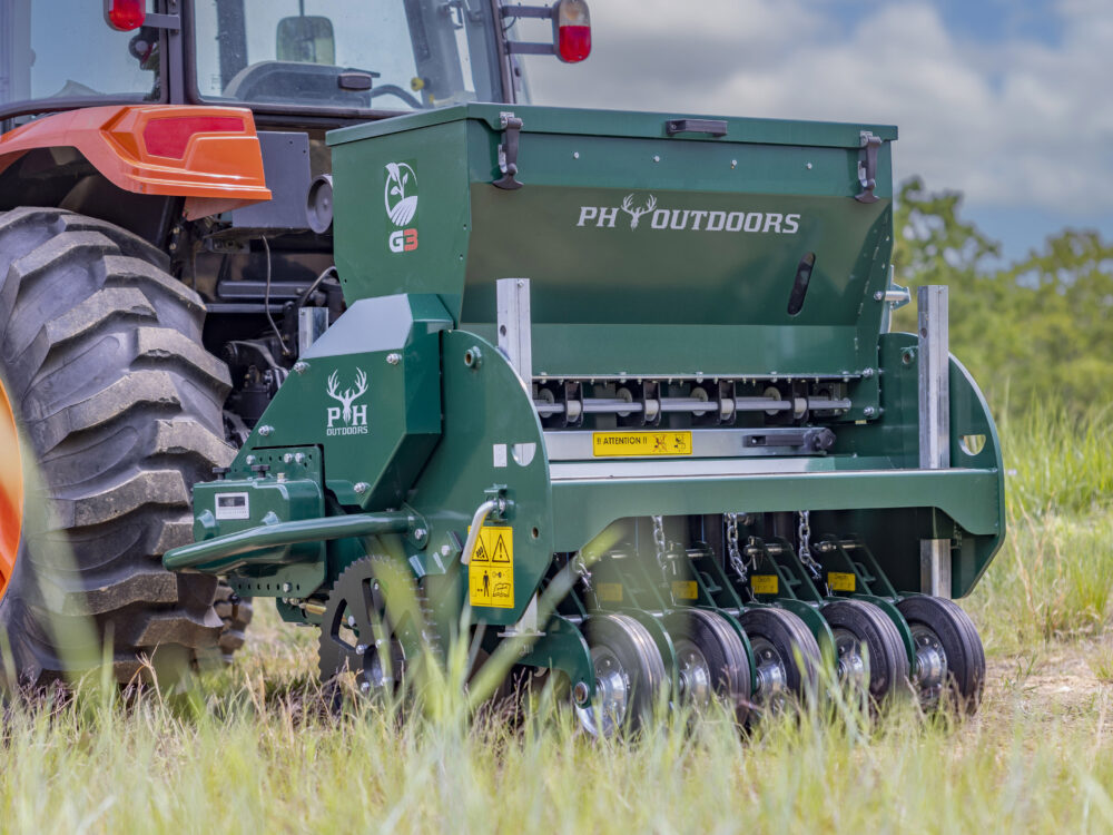 New PH Outdoors Genesis 3 drill with 36" width, 5–7.5" adjustable row spacing, 3-point hitch, and a 4.8-bushel seed box.