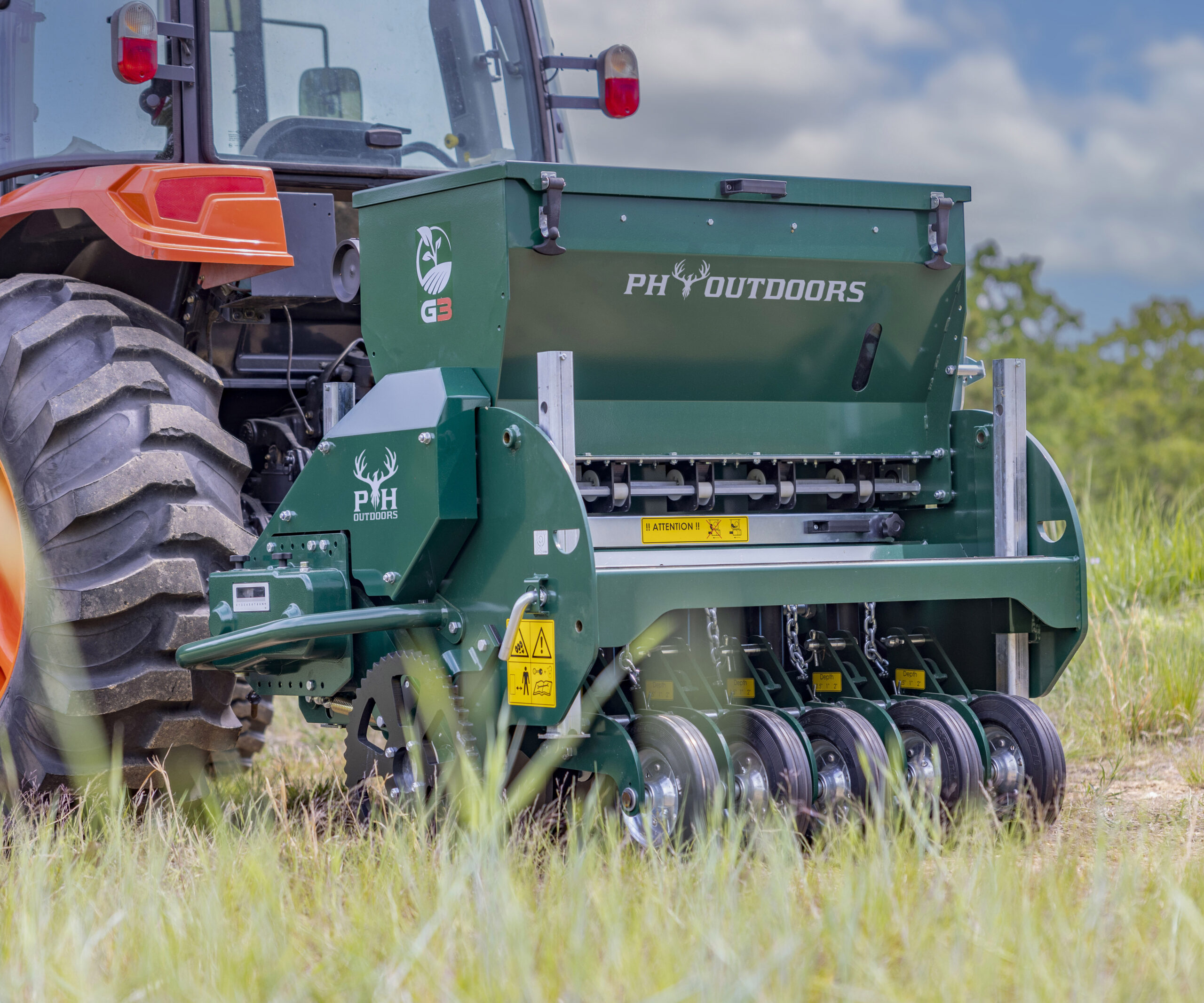 New PH Outdoors Genesis 3 drill with 36" width, 5–7.5" adjustable row spacing, 3-point hitch, and a 4.8-bushel seed box.