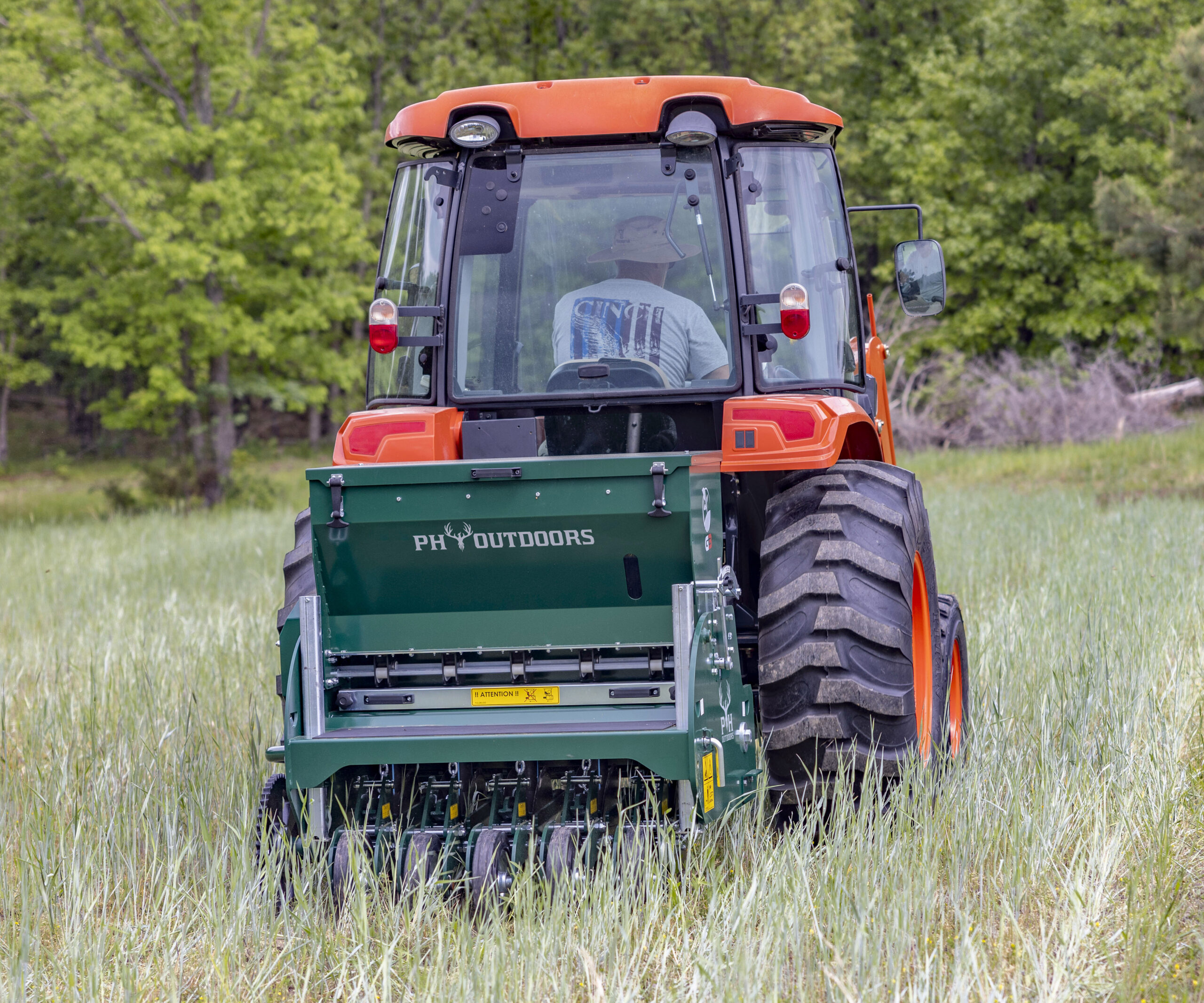 New PH Outdoors Genesis 3 drill with 36" width, 5–7.5" adjustable row spacing, 3-point hitch, and a 4.8-bushel seed box.