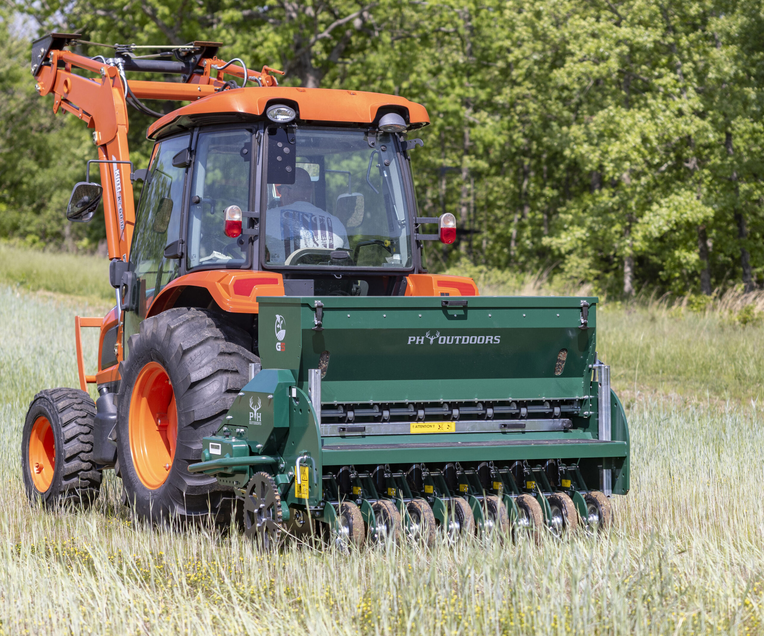 New PH Outdoors Genesis 5 drill with 60" width, 8 rows on 7.5" spacing, 3-point hitch, and an 8-bushel seed box.