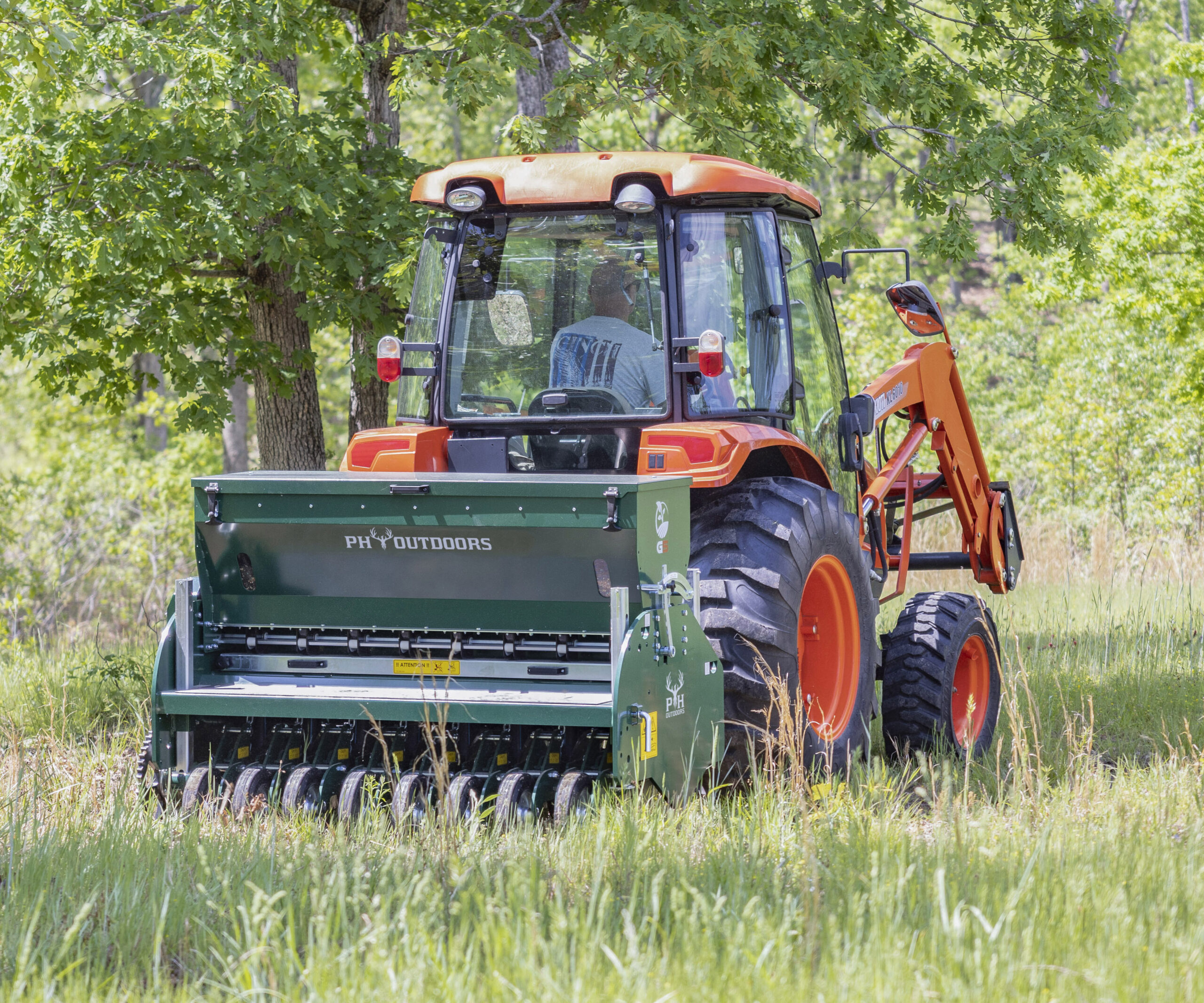 New PH Outdoors Genesis 5 drill with 60" width, 8 rows on 7.5" spacing, 3-point hitch, and an 8-bushel seed box.