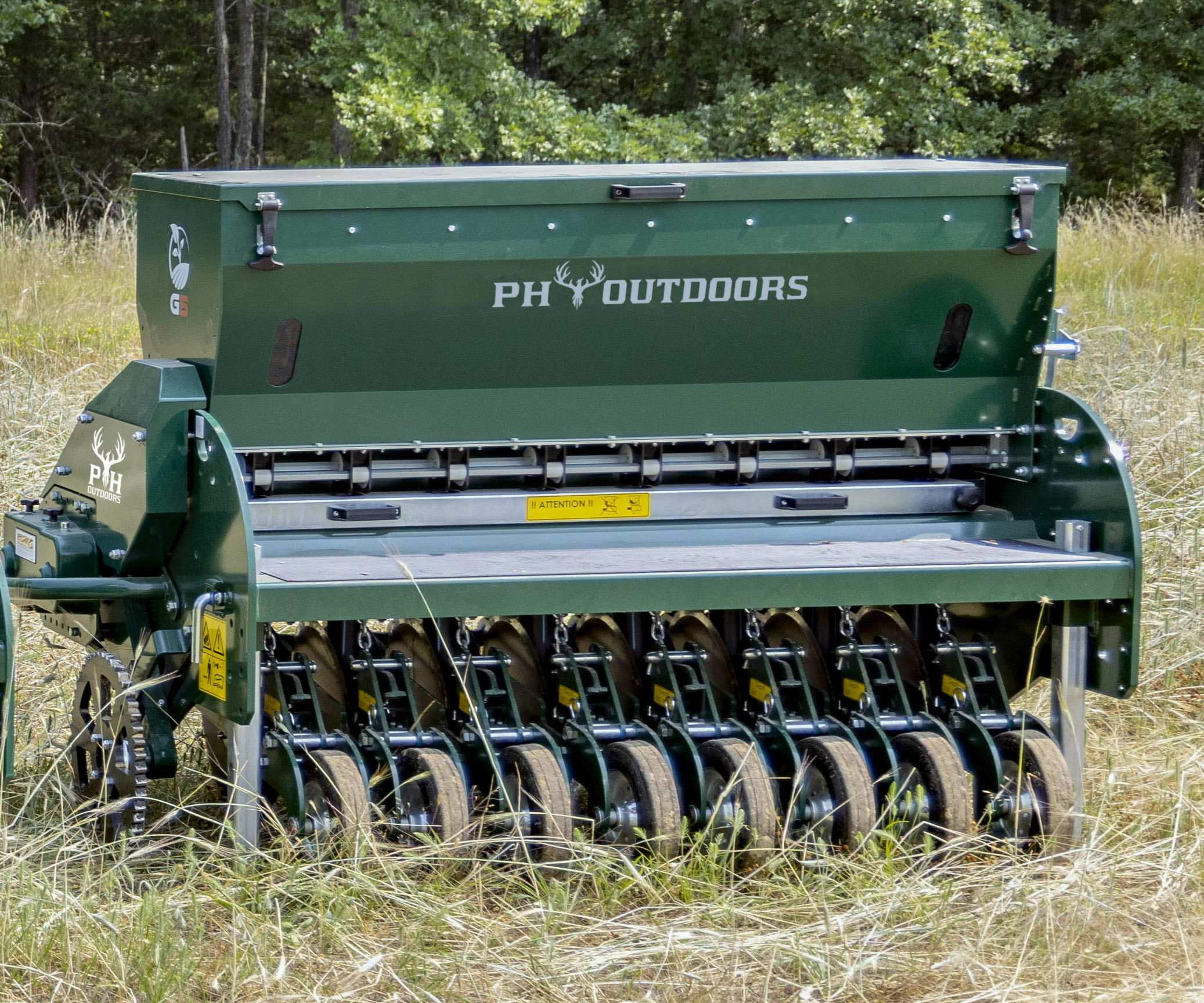 New PH Outdoors Genesis 5 drill with 60" width, 8 rows on 7.5" spacing, 3-point hitch, and an 8-bushel seed box.