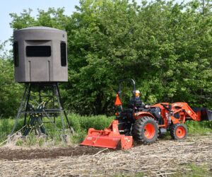 A Maschio tiller used behind a KIOTI tractor to till a food plot.