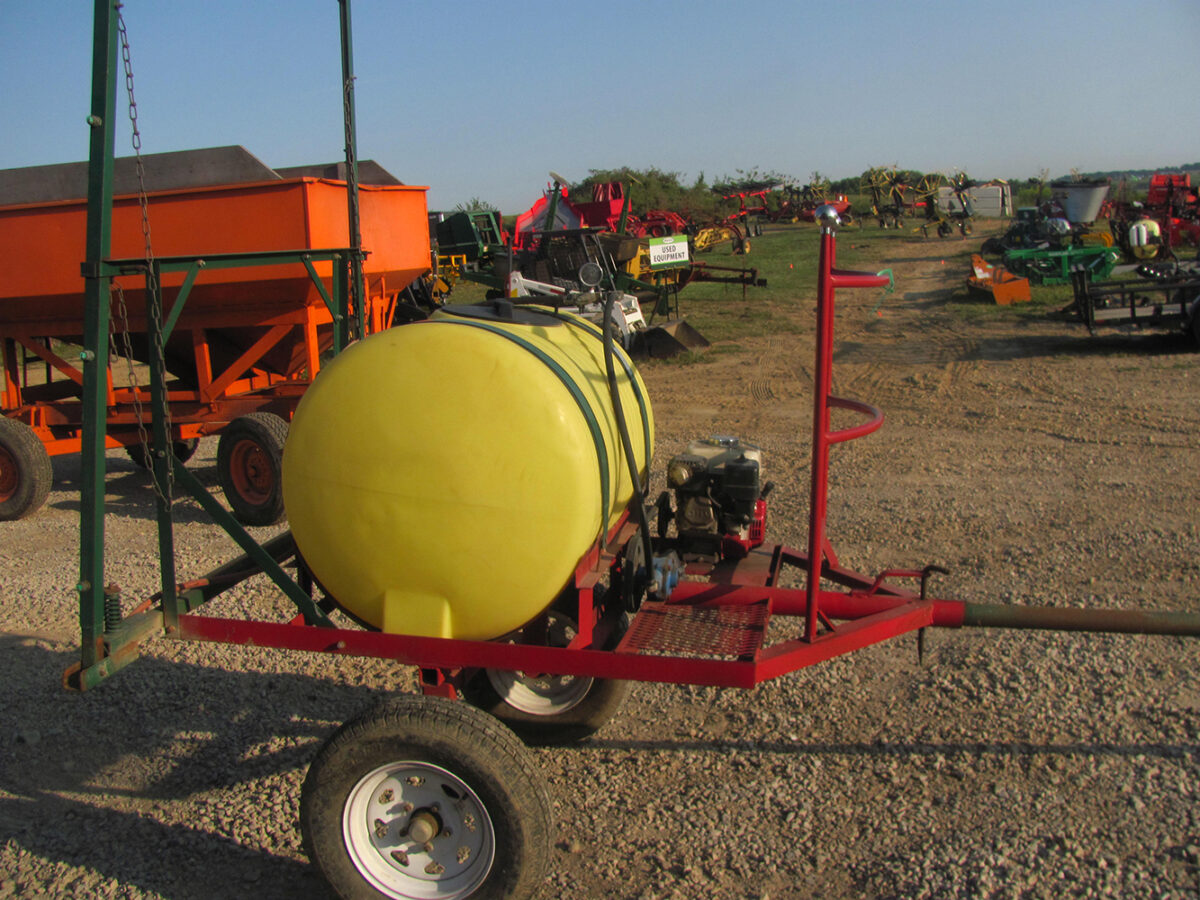 Used 150-gallon Boontown sprayer with Honda engine, 30' booms with fence row nozzles, for horses, in good condition.
