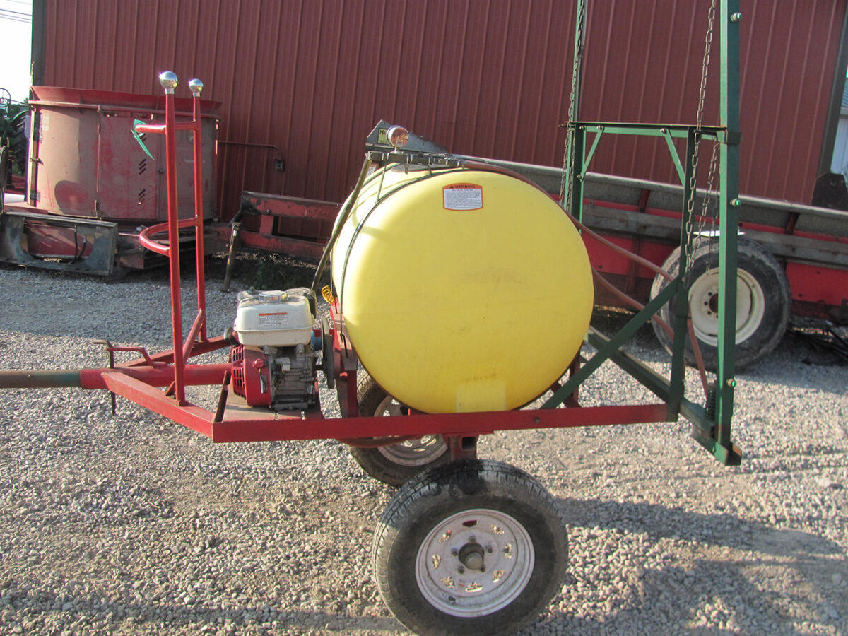 Used 150-gallon Boontown sprayer with Honda engine, 30' booms with fence row nozzles, for horses, in good condition.