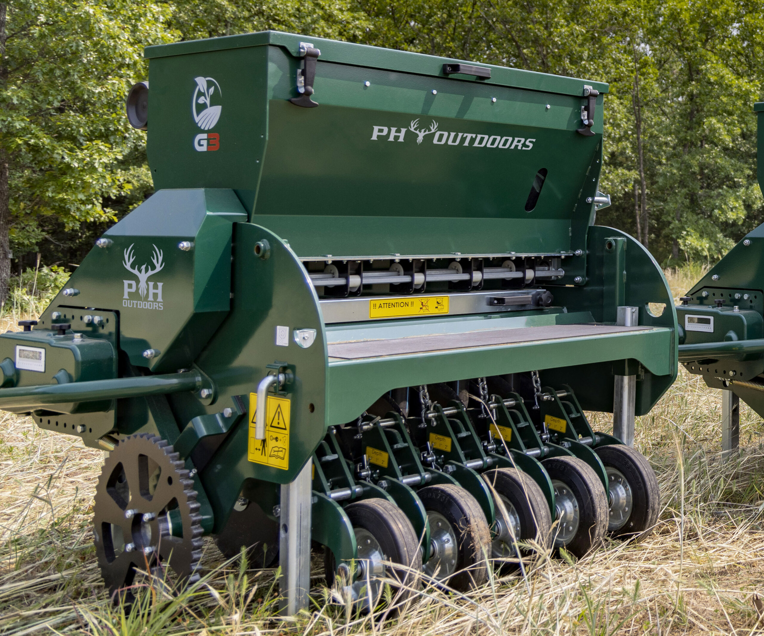 New PH Outdoors Genesis 3 drill with 36" width, 5–7.5" adjustable row spacing, 3-point hitch, and a 4.8-bushel seed box.