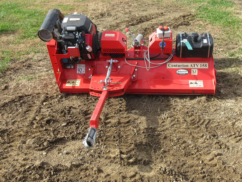 Used DelMorino Centurion ATV 158 flail mower with 72" cutting width, hydraulic side shift, hammer blades, compatible with 15–70 HP tractors, and serial #220893.