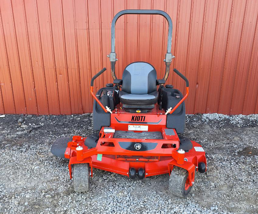 New Kioti ZXC60 zero-turn mower with 60" deck, 27 HP Briggs & Stratton engine, arm rests, and serial #NSA1A0040.