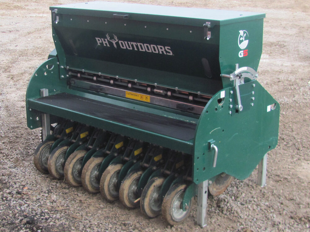 Used PH Outdoors Genesis 5 drill with 60" working width, divider plates, 3-point hookup, 8 rows on 7.5" spacing, 8-bushel seed box, and serial #245256. Has less than 10 acres of use and is in excellent condition.