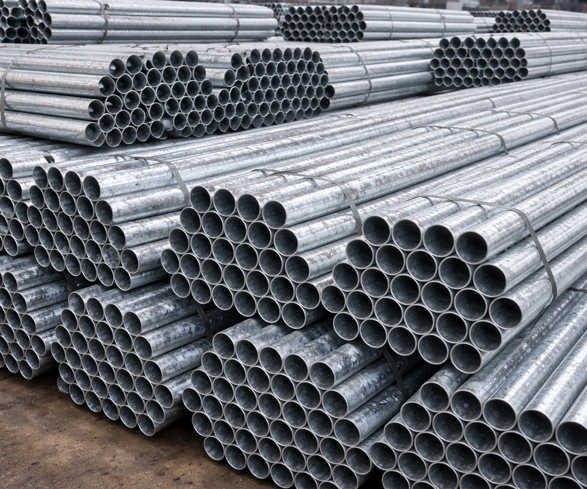 domestic vs. mass-imported steel shown as stacks of galvanized tubing ready for hoop frames.