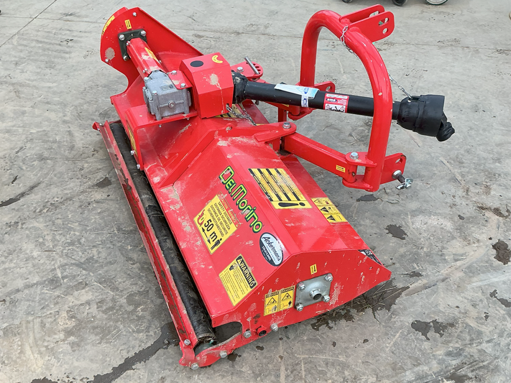 Used DelMorino Funny Top 132 flail mower (model FT132M) with 52" cutting width, manual side shift, hammer blades, slightly used, and serial #229624.