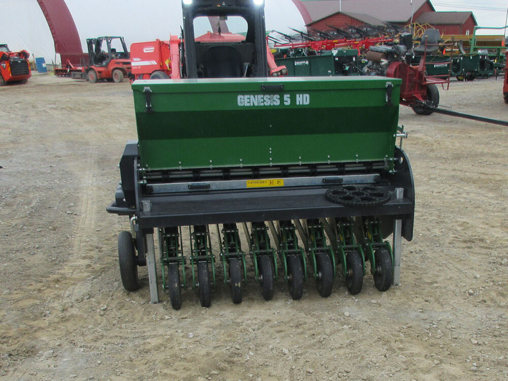 Used equipment: Genesis 5H drill, 60-inch unit with 8–7.5 inch rows, 3-point hitch, and 8-bushel box