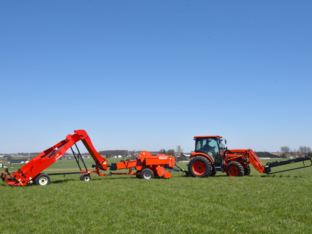 New accumulator system including Kioti RX6640 tractor with cab, 66 hp, power shuttle, AG tires, and 6,814 lb operating weight; Maschio Pitagora inline baler with redesigned plunger and heavy-duty 2-string knotter; Norden AF10 accumulator with 10-bale flat and tie row; and Norden 510F grabber with 10-bale flat, skid steer mounting bracket, and flat-face hydraulics. Multiple options available depending on the size and setup you are looking for. Price listed is for the items shown only, pricing will vary with different options selected. System pricing offers savings over individually priced items. Call to design and price the system that best fits your needs.