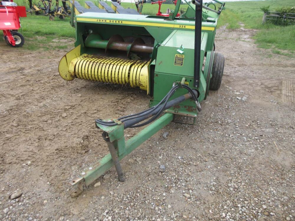 Used equipment: John Deere 336 baler with pan thrower and Super Sweep pickup, in good condition