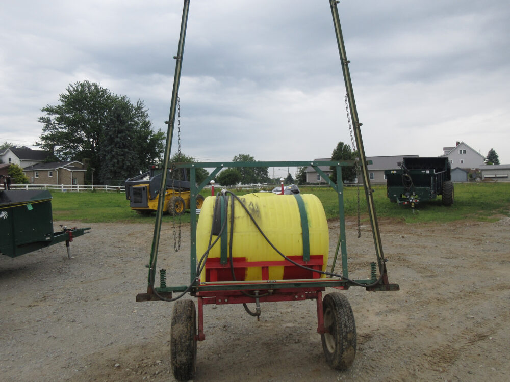 Used equipment: Boontown 110-gallon sprayer with 20’ booms, Honda engine, air tires, and horse-drawn tongue, in excellent condition