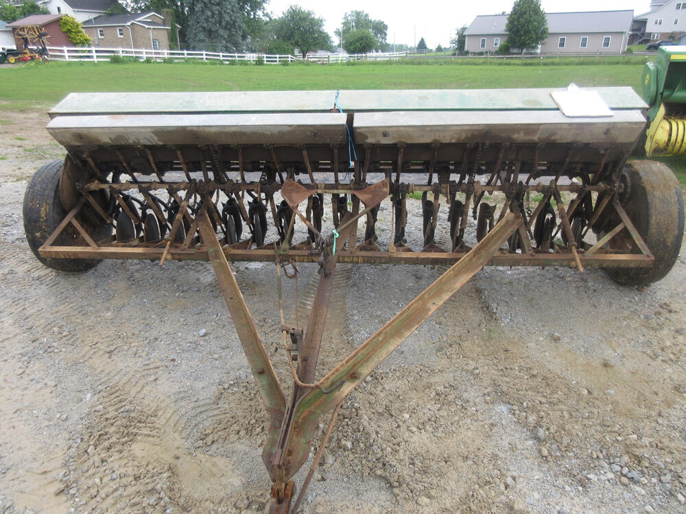 Used equipment: Van Brunt grain drill with 17 holes, small seed box, and 7-inch row spacing
