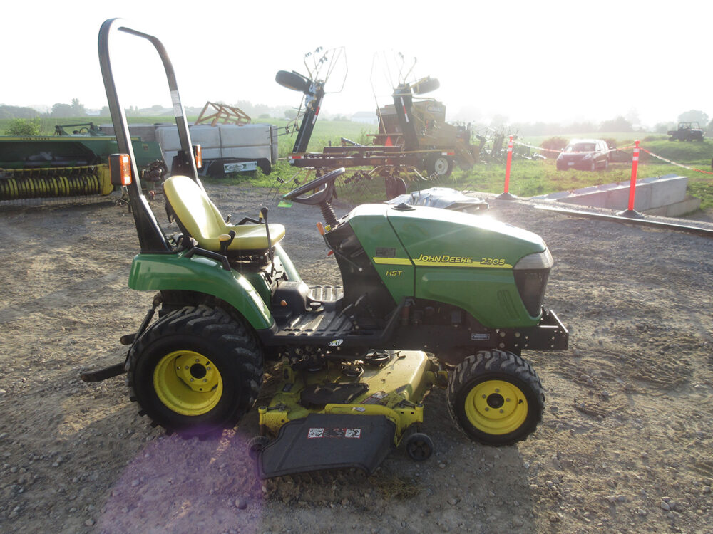 Used equipment: John Deere 2305 tractor, 928 hours, in excellent condition, serial number LV2305H220352