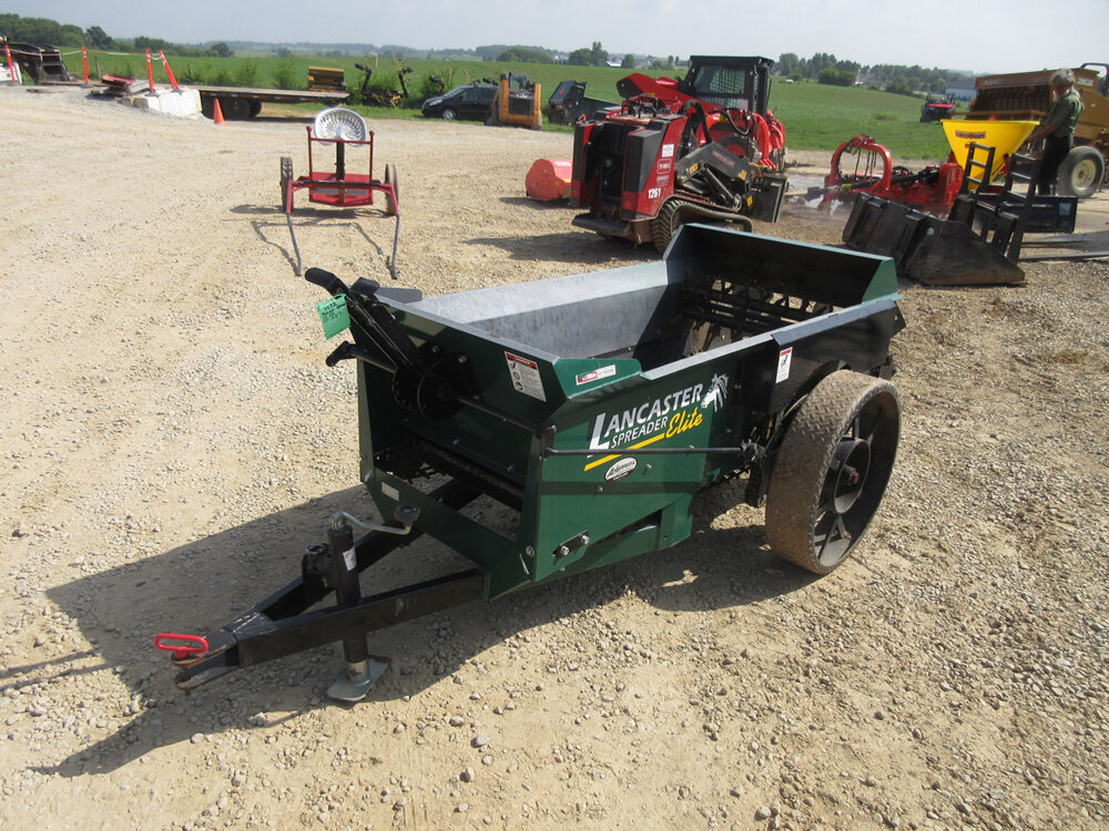 Used equipment: Lancaster 25-bushel manure spreader with steel wheels, in excellent condition, serial number 2103