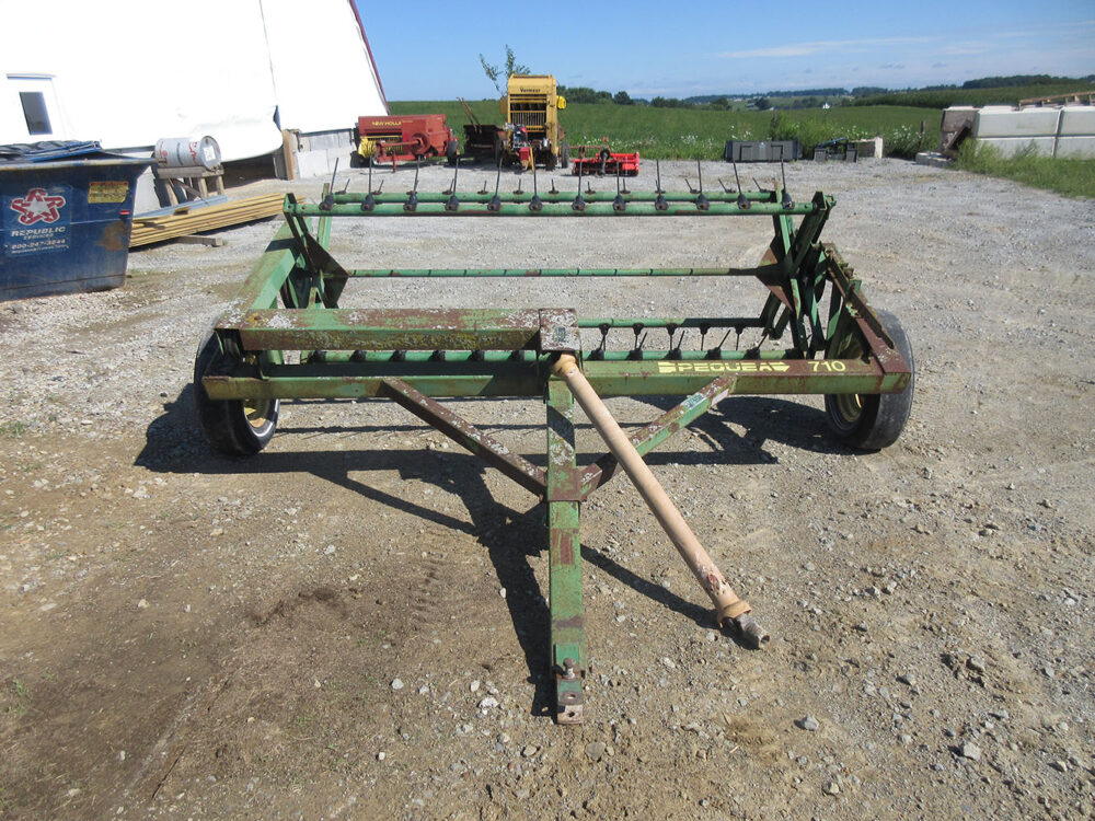 Used equipment: Pequea 710 tedder with PTO drive, in good condition, worn air tires, all new teeth, no jack, serial number 8730