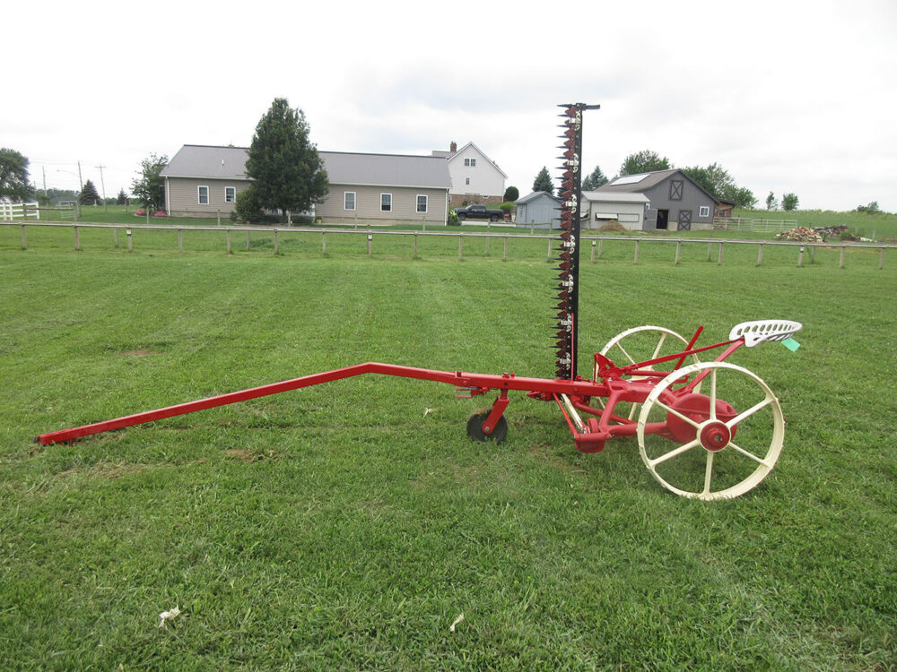 Used McCormick #9 sickle bar mower, excellent cond., 7' bar, steel wheels, steel raised tongue, dolly wheel, completely rebuilt and repainted.