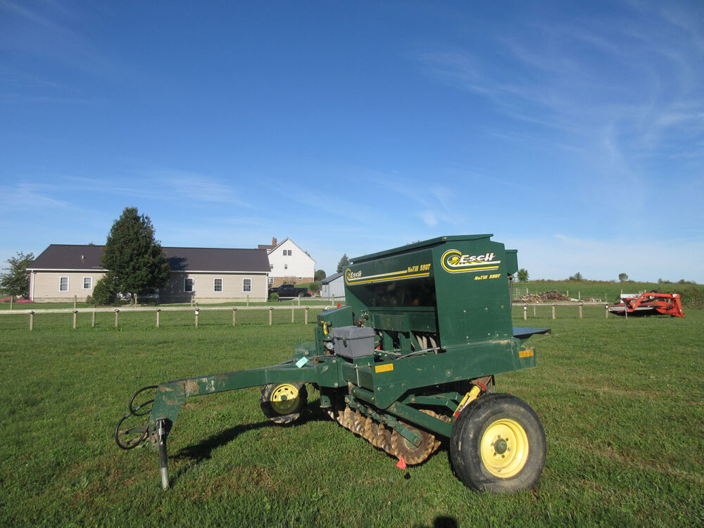 Used equipment: Esch 5507 no-till drill, same as Model 5607, in good condition with approximately 3,000 acres, coulters and double-disc openers show wear but are working, equipped with air tires, serial number 14077