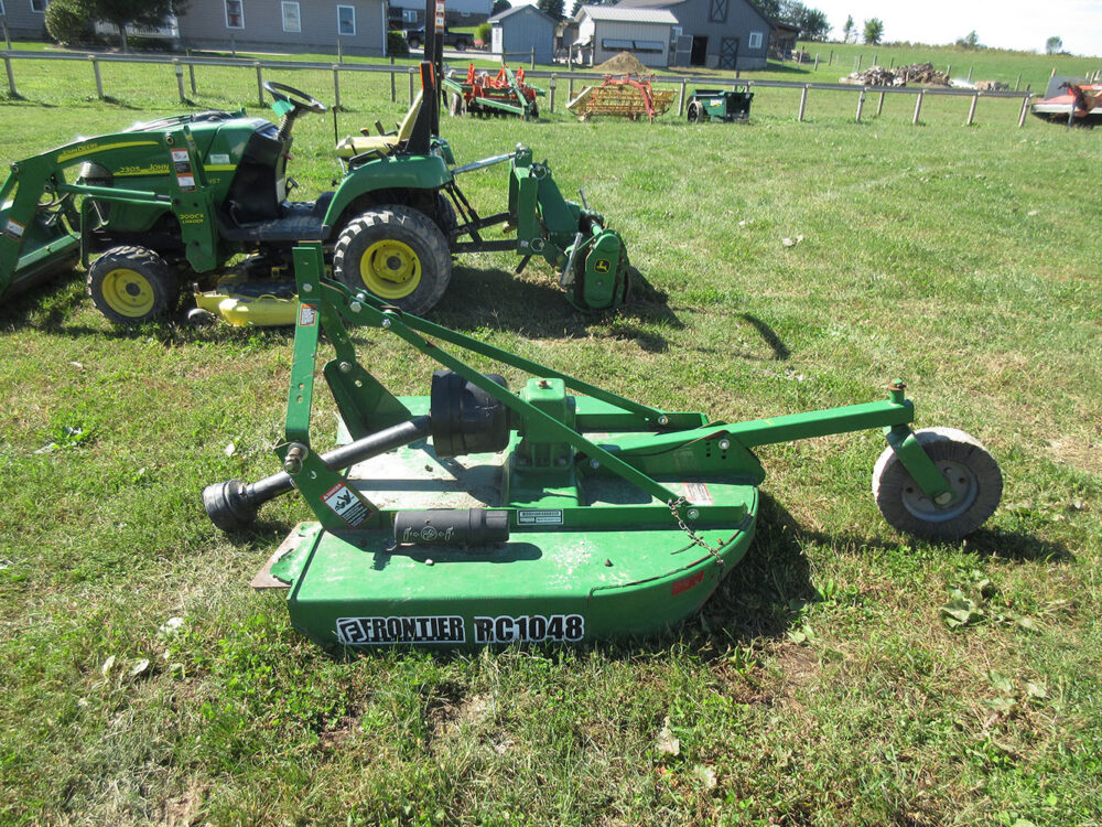 Used equipment package: John Deere 2305 tractor with belly mower and 3-point quick hitch, 921 hours, in good condition, all lights work except the left rear light is broken, serial number LV2305H321272; John Deere 647 48" tiller, in good condition with tines in fair condition; Frontier Equipment 48" brush hog with 3-point hitch and operator's manual included.