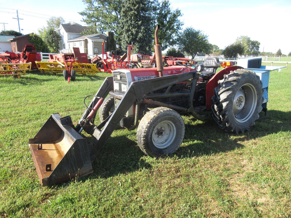 Used equipment: Massey Ferguson 231S tractor, 2002 model, 45 HP diesel, loader, PTO, 3-point hitch, 1,000 hours, runs nice, in fair condition, original lights do not work, two front lights have been added, no rear lights, patched seat, serial number 9681L12144