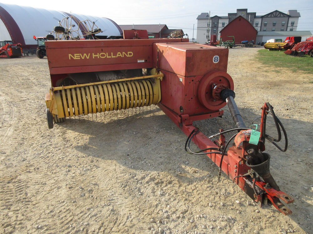 Used equipment: New Holland 570 square baler with Super Sweep, hydraulic tension, hydraulic tongue swing, chute, modified drop-pin hitch, in good condition, serial number 942643