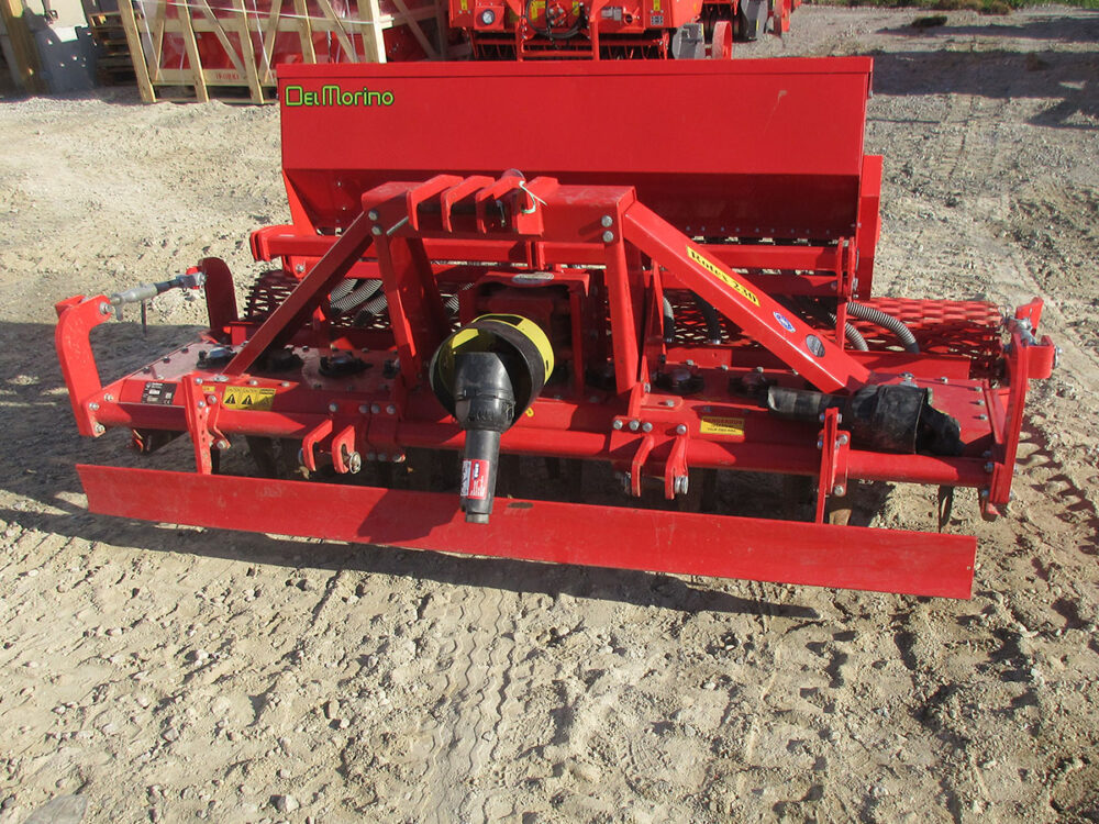Used equipment: Del Morino Rotex 230 power harrow, 90" working width, designed for 40–100 HP tractors with Category II hitch, equipped with GR230 screen roller, Pro Grass Seeder 5.7 cu. ft., Rotex H170-250/Yellowstone 168, and LL230 leveling blade, serial number 219137